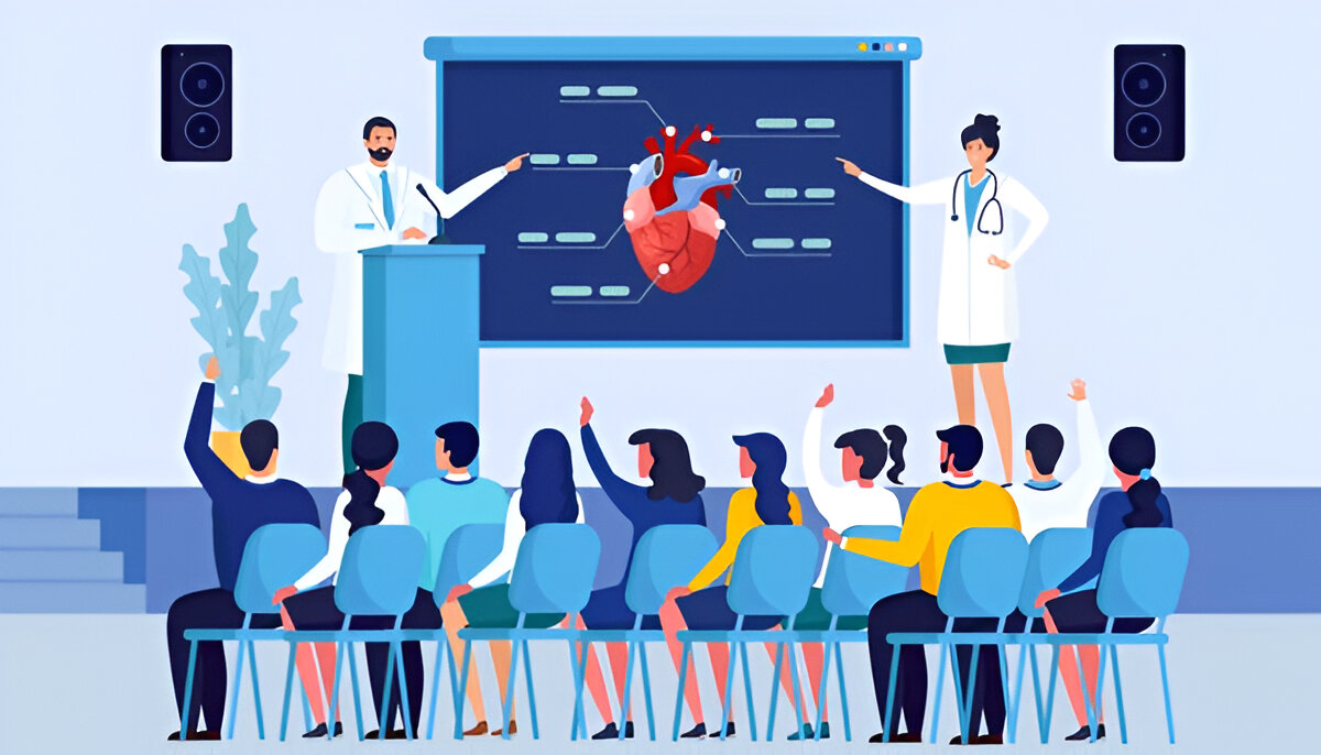 Doctors teaching school students about health awareness