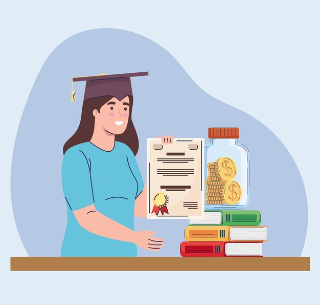Early career  preparation: A girl showing her certificate around books and a jar of money