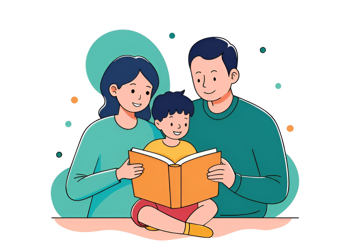 Parents and child reading a book