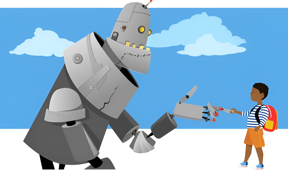 A boy shaking hands with a robot
