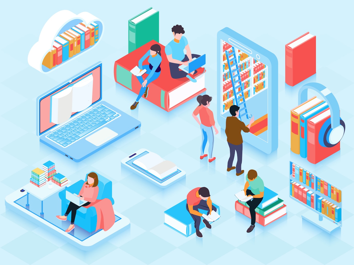 Children reading books through a digital library