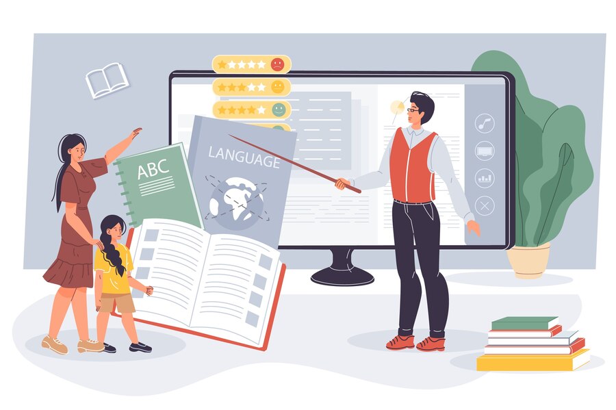 Student learning from teacher in classroom