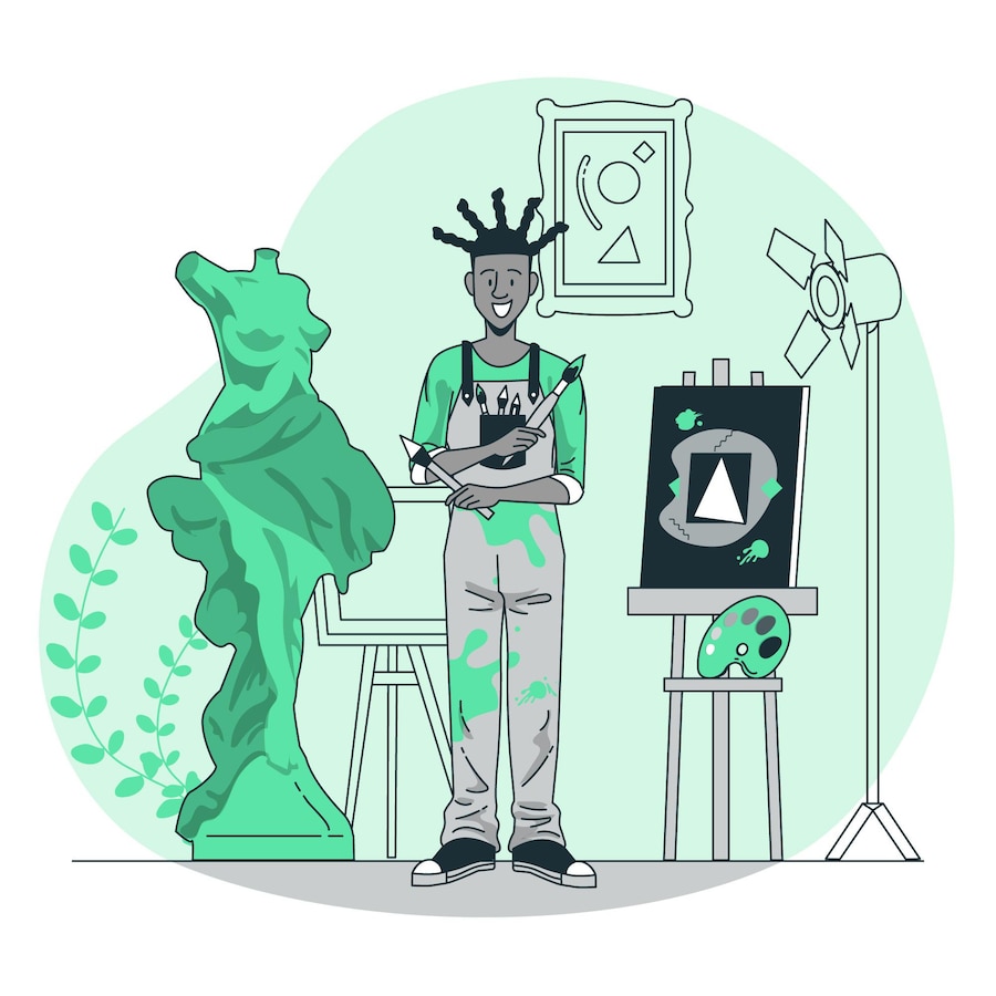 A boy showing his paintings and structures