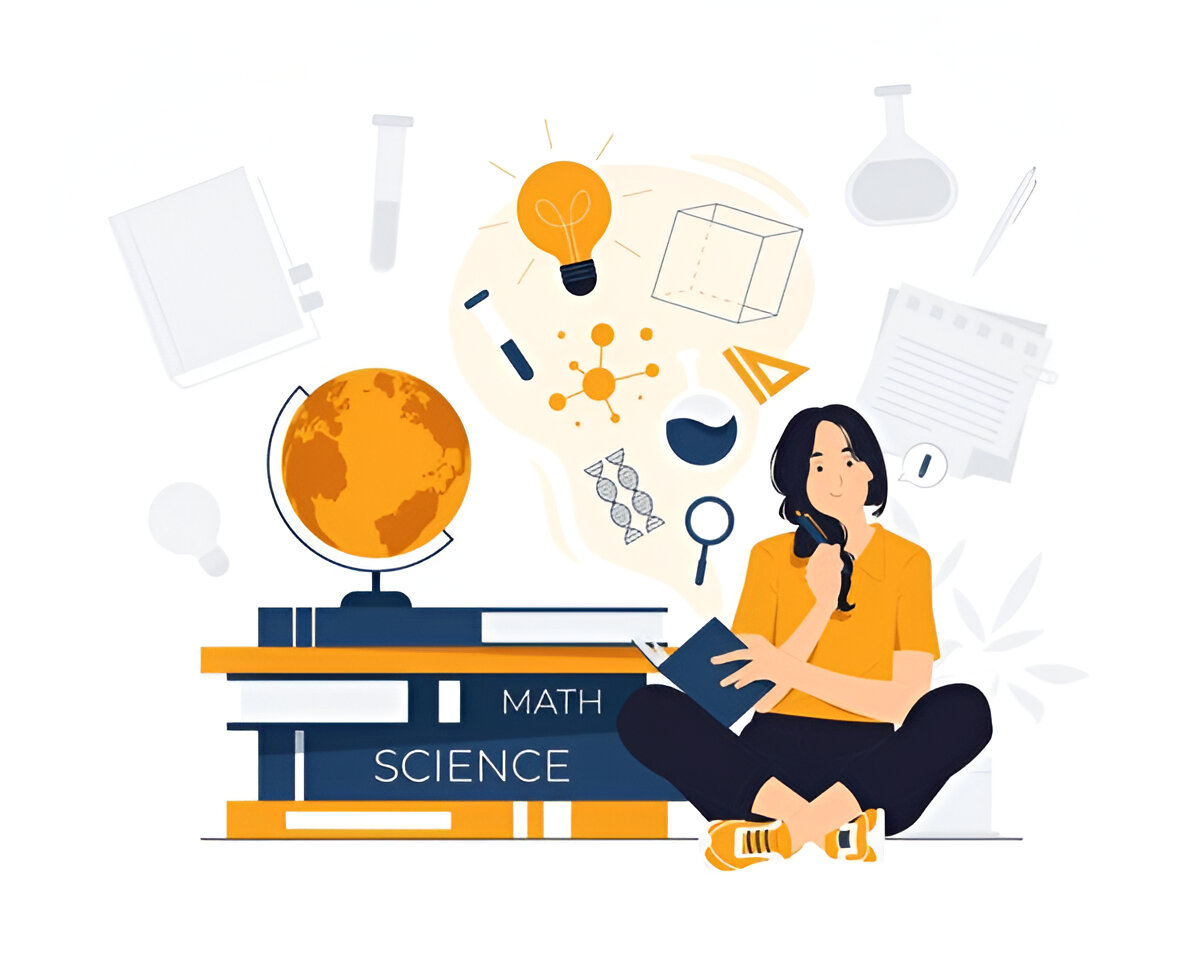A girl sitting with books around