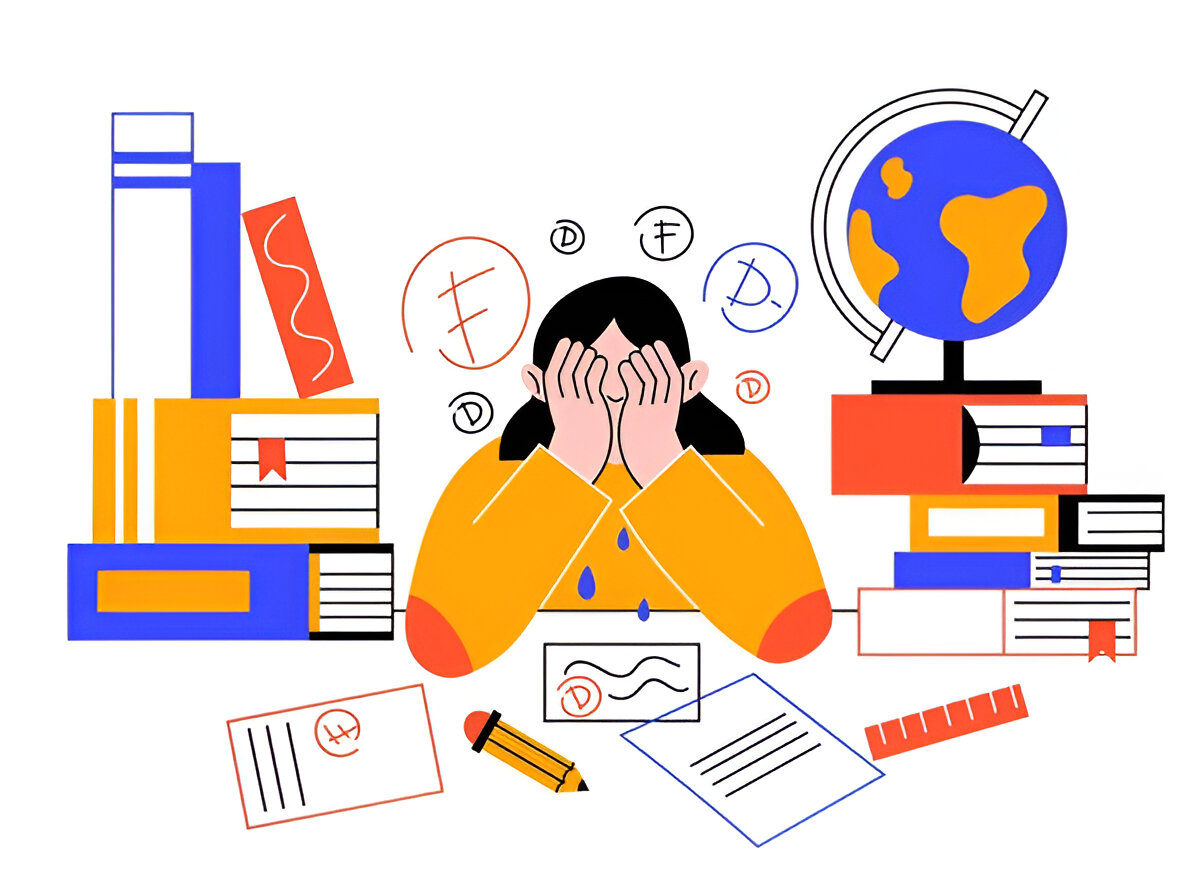 A stressed student surrounded by books